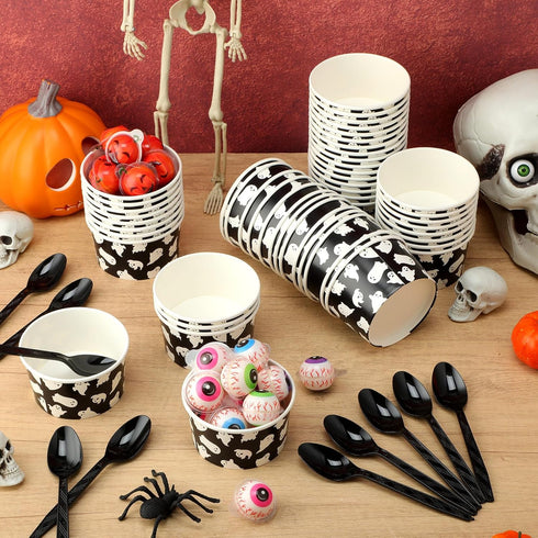 Ninehaoou 200 8oz Frozen Pcs Halloween Paper Ice Cream Cups Halloween Treat Snack Cups Ghost Skeleton Spooky Disposable