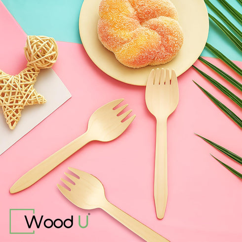 Mini Wooden Spork Disposable - Eco-Friendly Dessert, Appetizers, Cocktails, Biodegradable, Pack of 100