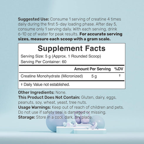 Creatine Monohydrate Powder 300 Grams (60 Servings), Unflavored, Micronized Creatine Powder, Vegan, Keto, Non-GMO