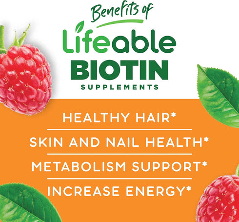 Lifeable Biotin Gummies for Kids, 90 Gummies, 5,000mcg, Natural Flavor, Vegetarian, for Hair and Nails Growth