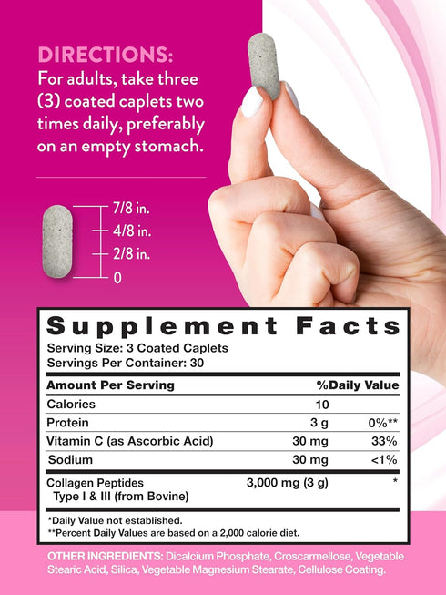 Nature's Truth Hydrolyzed Collagen Peptides | 90 Caplets | Type 1 and 3 with Vitamin C | Grass Fed, Non-GMO, Gluten Free Pill Supplement