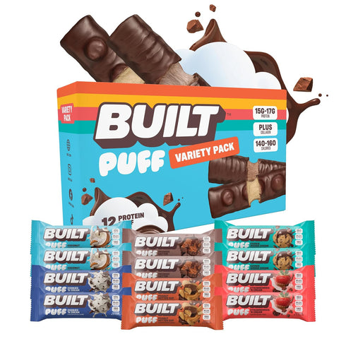 Pack 15-17g 12 Count BUILT Bar Puff Protein Bars - Variety - Protein Snack Bars with Collagen - Calorie Conscious