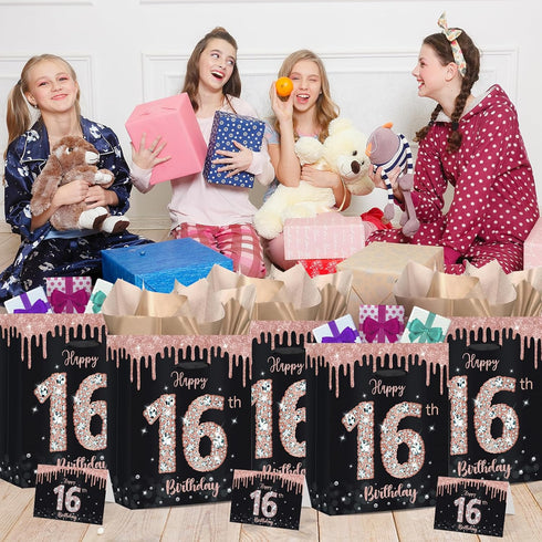 SUNDECO 16 16th Sweet Birthday Gift Bag - Large Rose Gold and Black Party Decorations with Tissue Paper, Birthday Card