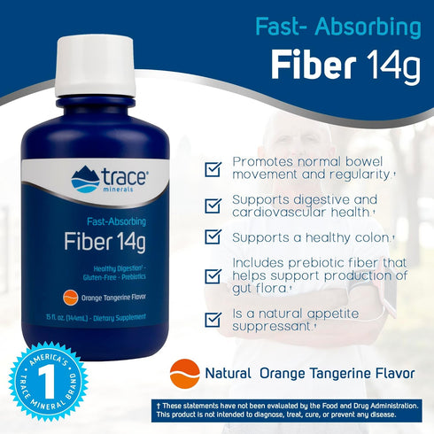 Trace Minerals | Fast Absorbing Fiber 14g Liquid Supplement | Natural Additive for Healthy Digestion and Normal Bowel Movement | Gluten Free | Orange Tangerine | 14 g, 15 oz