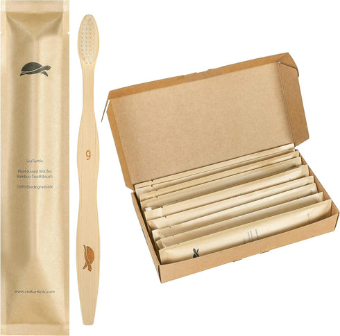 Soft Bamboo Toothbrushes with Plant-Based Bristles, Individually Sealed, Sea Turtle (10 Pack)