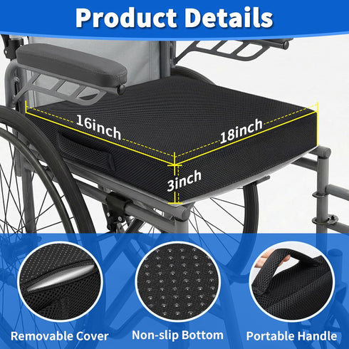 YOUFI Wheelchair Seat Cushion with Waterproof Layer Breathable Cover, High Rebound Memory Foam, Non-Slip Bottom