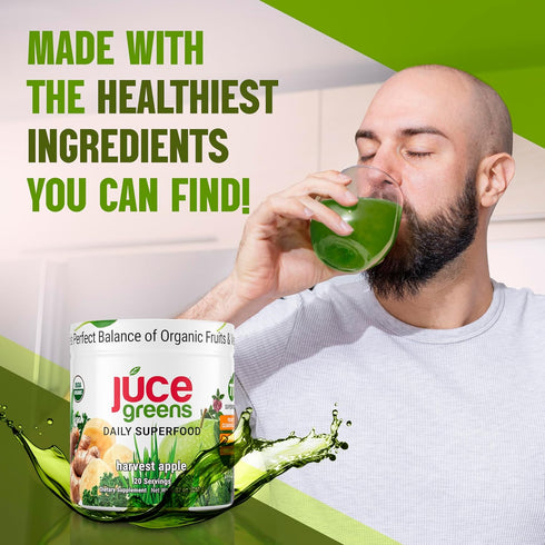 JUCE Organic Green Superfood Powder, 77 Superfoods Plus Prebiotic Probiotic Blend, Harvest Apple Flavor - 20 Servings