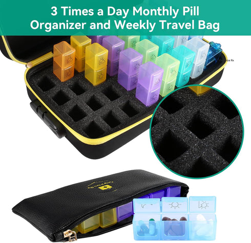 Organize Rx 3 Lockable Monthly Pill Organizer Times a Day, One Month Pill Box with Child Lock, Weekly Travel Bag