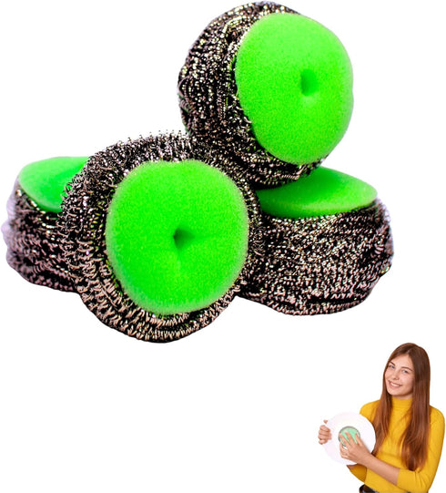 Amazon Brand Pack of 4 Ring King Stainless Steel-Wrapped Sponge Scrubbers, Heavy Duty Scouring Pads