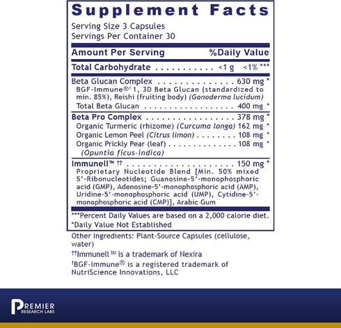 Premier Research Labs Nucleo Immune - Beta Glucan Supplements, Beta Glucans, Beta-Glucan, Phytochemicals, Prickly Pear, Fiber, Immune Support, 400mg Beta Glucan Per Serving - 90 Vegetarian Capsules