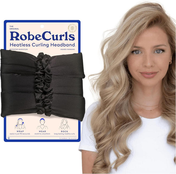 RobeCurls Heatless Hair Curler Set - Satin Curling Headband for Natural No-Heat Curls, Black with 2 Scrunchies