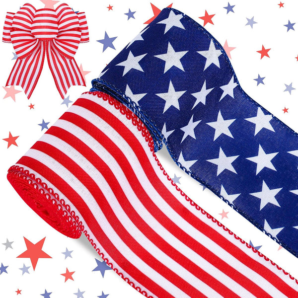 Whaline Patriotic Wired Edge Ribbon, 2 Rolls, Stars Stripes Craft Ribbon for 4th of July, Independence Day, DIY Crafts