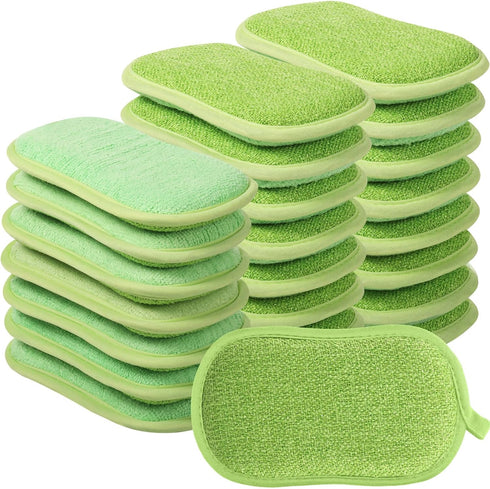 24 Pack Multi-Purpose Non-Scratch Microfiber Scrub Sponges for Reusable Dish Cleaning, Heavy Duty Scouring Power (Green)