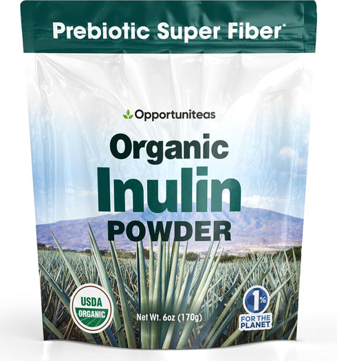 Opportuniteas Organic Inulin Powder - Prebiotic Fiber from Blue Agave for Digestion, Regularity & Gut Health - 6 oz