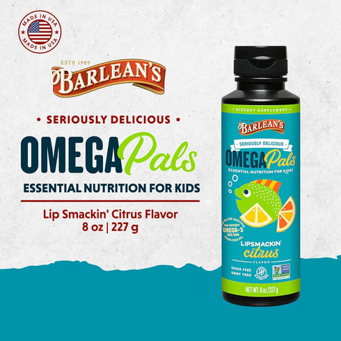 Barlean's Omega Pals Lipsmackin' Citrus Flavored Omega-3 for Kids, 8 oz Liquid Fish Oil Supplement
