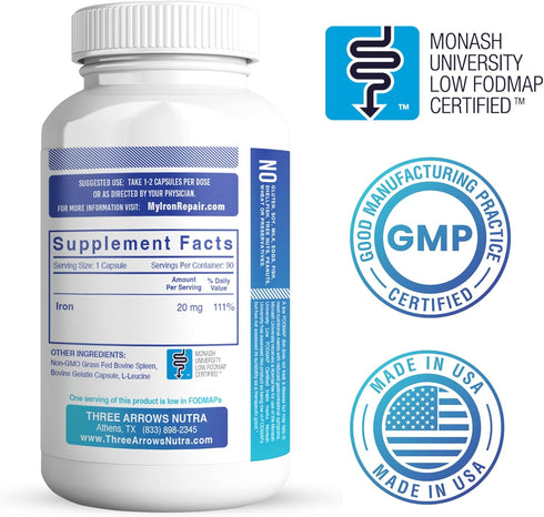 Iron Repair Simply Natural Iron Supplement, Best Absorption & Gentle on Stomach, Monash Low FODMAP, Raise Hemoglobin & Ferritin Iron Pills for Women, Men, Teens, & Pregnancy 90 Gelatin Iron Capsules