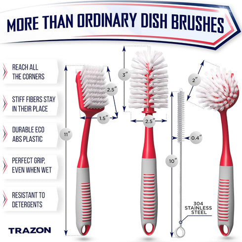 Set 4 Dish Brush of - Kitchen Scrub Brushes with Non-Slip Long Handle for Cleaning, Scrubber, Dishwashing, Dishes