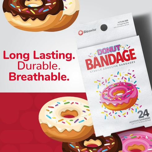 BioSwiss Bandages, Donut Shaped Self Adhesive Bandage, Latex Free, 24 Count, Fun First Aid Kit Supplies for Kids