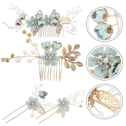 NUOBESTY 4Pcs Handmade Wedding Hair Clip Comb, Pearl Floral Leaf Hair Accessories for Women (Green)