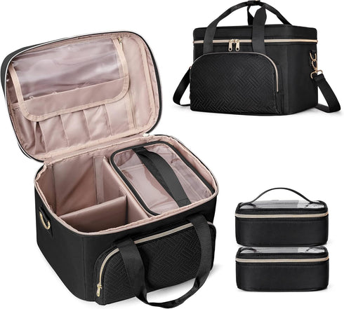 Travel Makeup Bag with 2 Pouches and Adjustable Dividers, Large Cosmetic Case Organizer for Women, Black (Patented