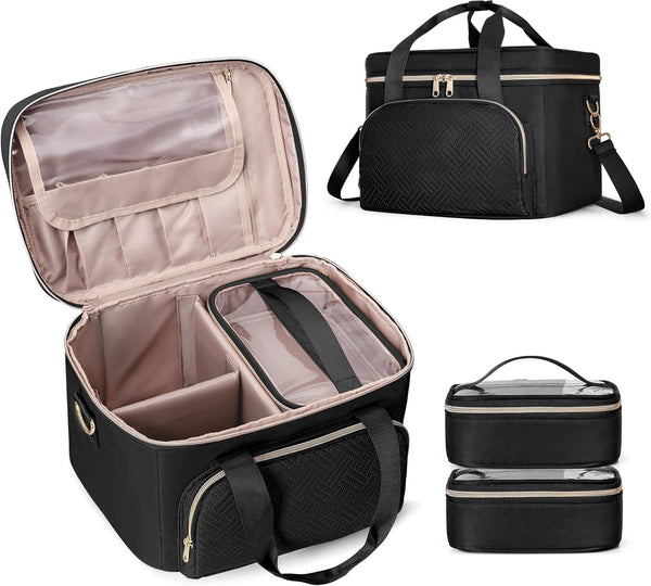 Travel Makeup Bag with 2 Pouches and Adjustable Dividers, Large Cosmetic Case Organizer for Women, Black (Patented