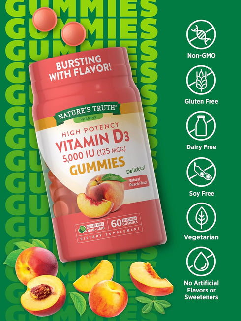 Nature's Truth Vitamin D3 Gummies, 5000 IU, 60 Count, Peach Flavor, Vegetarian & Gluten Free Supplement