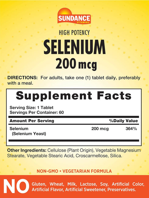 Selenium 200mcg | 60 Tablets | High Potency Formula | Vegetarian, Non-GMO, and Gluten Free Essential Mineral Supplement | By Sundance