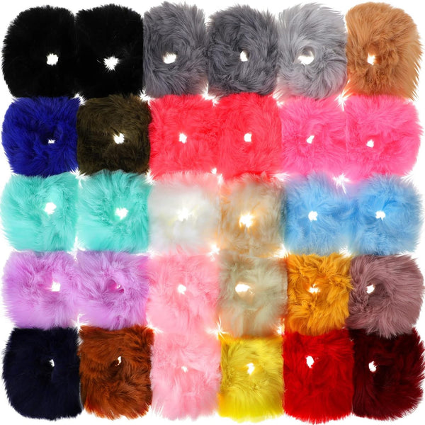 WILLBOND 30 Pieces Fuzzy Scrunchies Bulk - Pompom Ball Elastic Hair Ties for Women, 21 Colors