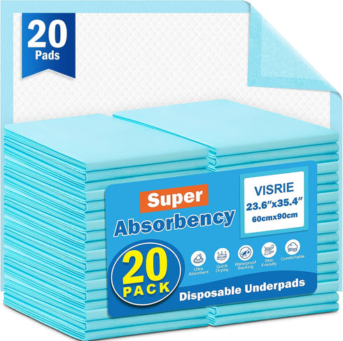 VISRIE Underpad 23 x 36, 20 Count, Extra Large Disposable Incontinence Pads, Protective