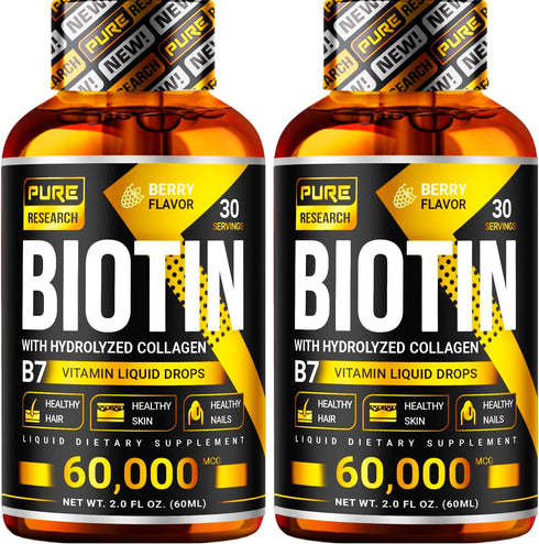 PURE RESEARCH Biotin & Collagen 60,000mcg Hair Growth Liquid Drops, Supports Healthy Hair, Skin, Nails