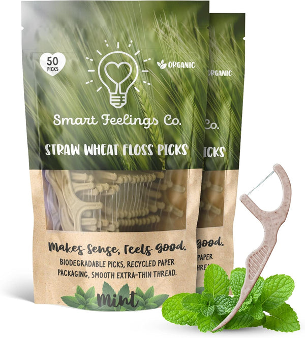 Smart Feelings Co. Biodegradable Dental Floss Picks 100 Count 2 Packs | Eco-Friendly Bamboo Like