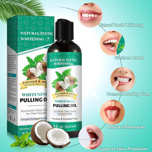 Coconut Mint Oil Pulling, 2 Pack Whitening Mouthwash for Teeth and Gums with Tongue Scraper & Measuring Cup