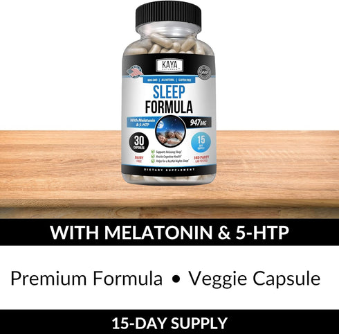 Kaya Naturals Sleep Support Formula with Melatonin, Vitamin Supplement for Sleep, Stress, and Mood Support, 30 Count