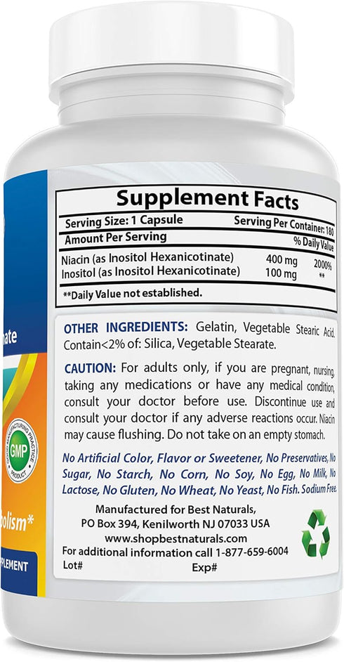 Best Naturals Flush-Free Niacin Inositol Hexanicotinate, 500 mg, 180 Capsules