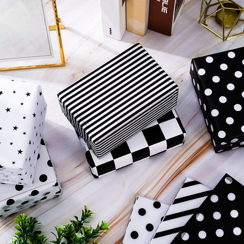 Whaline 120Pcs Checkered Black White Tissue Paper, Star Stripes Polka Dots Pattern for Home Wedding Birthday Gift Wrap