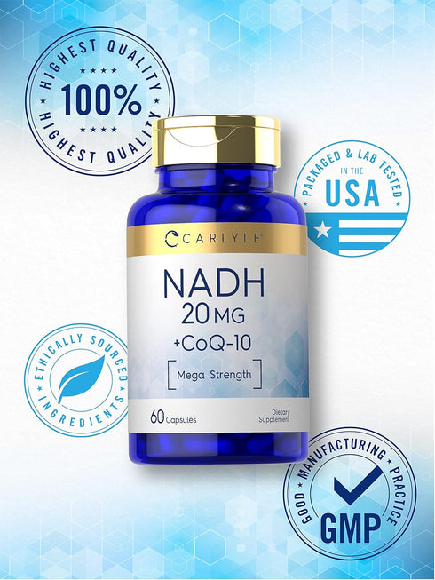 Carlyle NADH Supplement 20mg - with CoQ10, 60 Capsules, Mega Strength, Non-GMO, Gluten Free