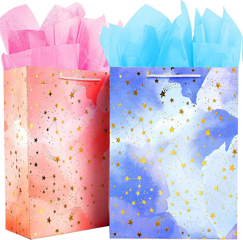 BLESZSING Large Gift Bags Set, 2 Pack Paper Gift Bags with Tissue Paper, Colorful Pink Blue
