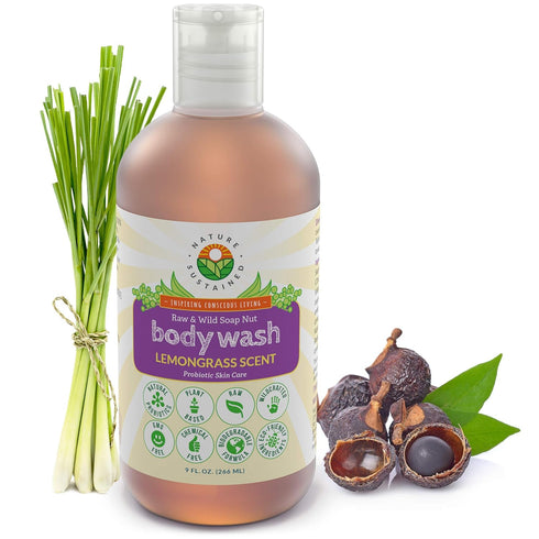 Lemongrass Organic Body Wash - All Natural Probiotic Soothing Skin Care Body Soap & Face Wash, 9 Oz
