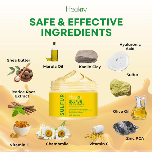 Sulfur Face Mask, All Natural Sulfur Facial Clay Mask for Glowing Skin, Acne, Oily Skin, Unclogs Pores