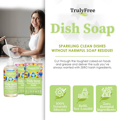 Non-Toxic Natural Liquid Dish Soap | Long-Lasting Sweet Basil Fresh Scent | Includes 1 Empty Refill Bottle (16oz), 2