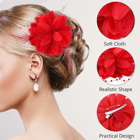 Sibba Red Flower Hair Clips, Rose Hairpin Barrettes for Women Girls, Floral Accessories for Travel Wedding