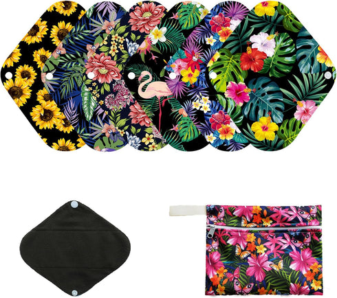 7pcs Pack Cloth Pads, Including 1 Mini Wet Bag + 6 Bamboo Charcoal Cloth Reusable Menstrual Pads/Reusable Sanitary Pad