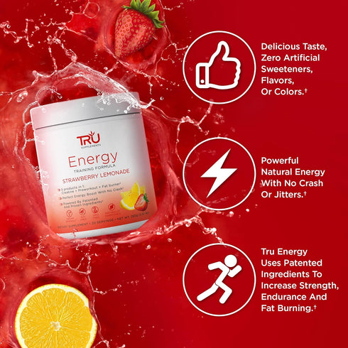 TRU Supplements Energy Pre Workout Training Formula Vegan Friendly 20 Servings (Strawberry Lemonade)