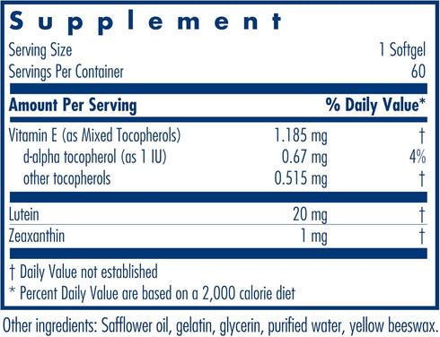 Allergy Research Group Lutein Supplement - 20mg Lutein and Zeaxanthin for Eye Health, Softgels - 60 Count