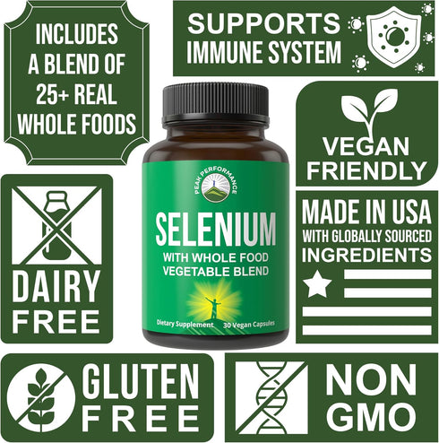 Selenium Supplement, 30 Pills, Pure Vegan Capsules, Whole Food Blend of 25+ Vegetables and Fruits for Immune Support