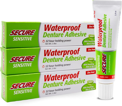 Secure Sensitive Denture Adhesive, 12-Hour Max Hold, Waterproof Seal, Zinc Free, 1.4 oz (3 Pack)