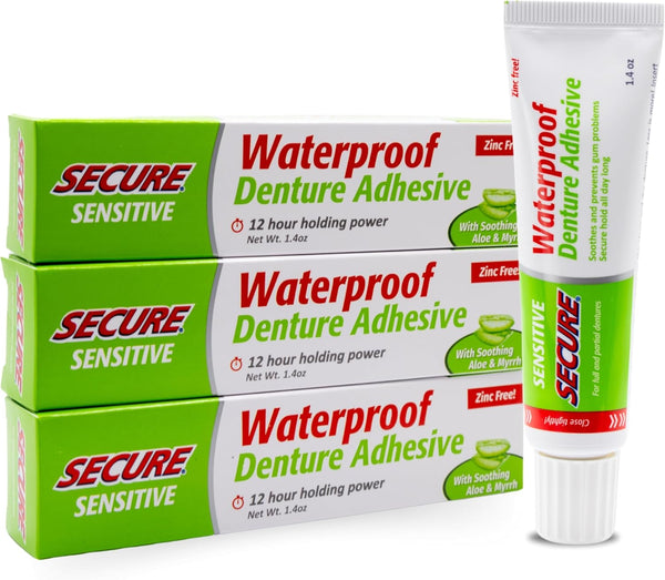 Secure Sensitive Denture Adhesive, 12-Hour Max Hold, Waterproof Seal, Zinc Free, 1.4 oz (3 Pack)
