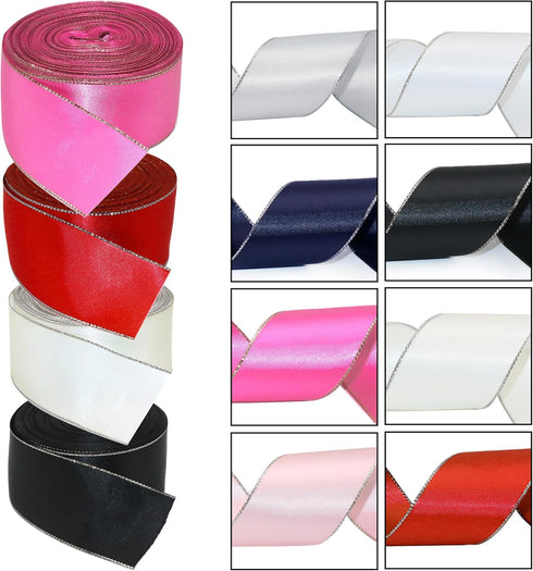 David Accessories Satin Ribbon with Silver Edges, 1.5 Inch Wide, 20 Yards for Gift Wrapping, DIY Crafts, Christmas Decor