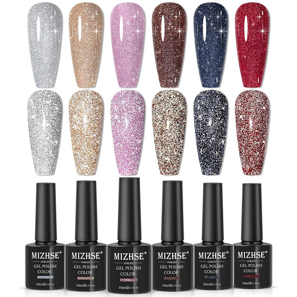 MIZHSE Reflective Glitter Gel Nail Polish - Shimmery Gel Polish Set 10ml for Nail Art Varnish DIY at Home