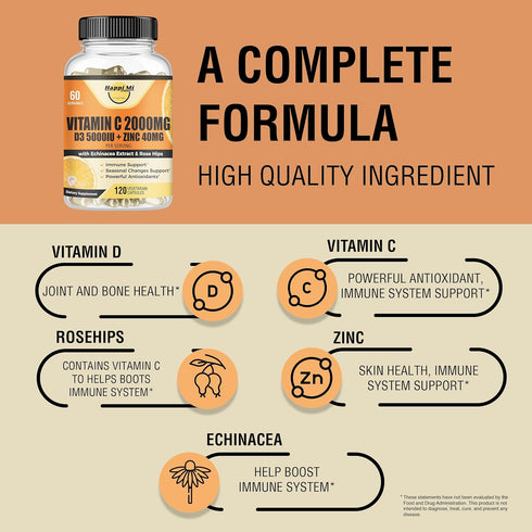 Vitamin C 2000MG, Zinc 40 mg, Vitamin D3 5000 IU, Echinacea Extract, 120 Vegan Caps, Immune Support for Adults & Kids